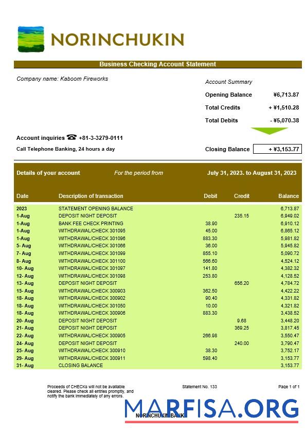 Printable Norinchukin Bank enterprise statement Word and PDF template